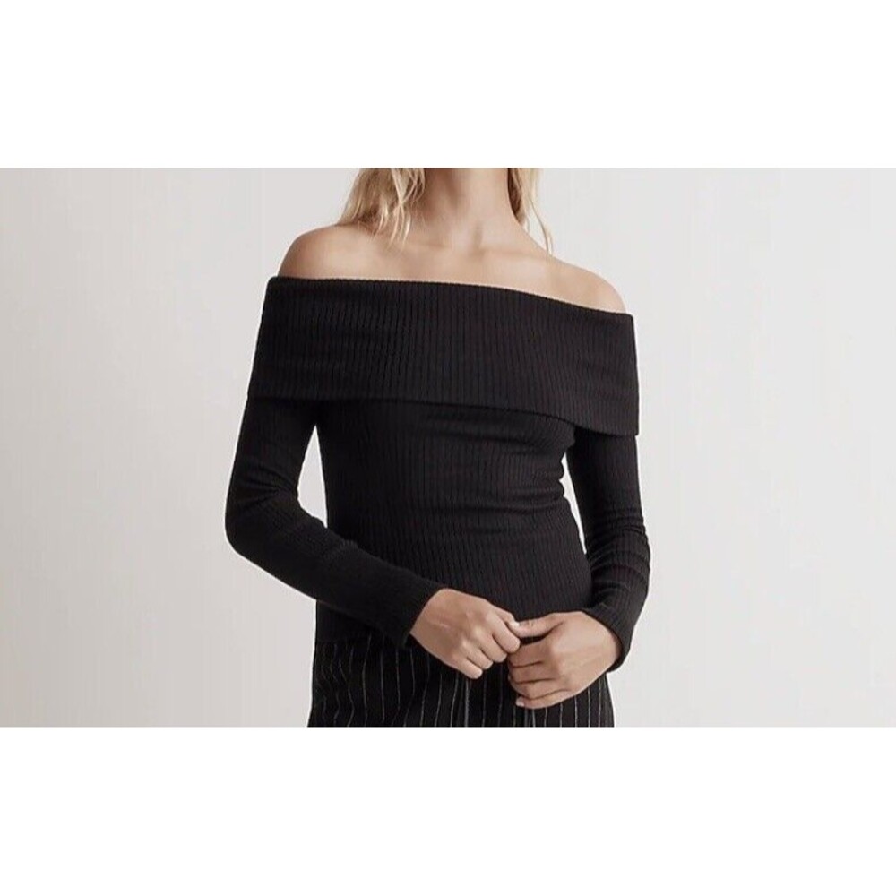 MADEWELL Women's Off Shoulder Black Long Sleeve Top SIZE XXS NWT